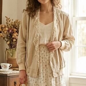 Vintage 80's Dolman Sleeve Linen Blazer Lace Collar Ribbed Waist Oberon By Ebi